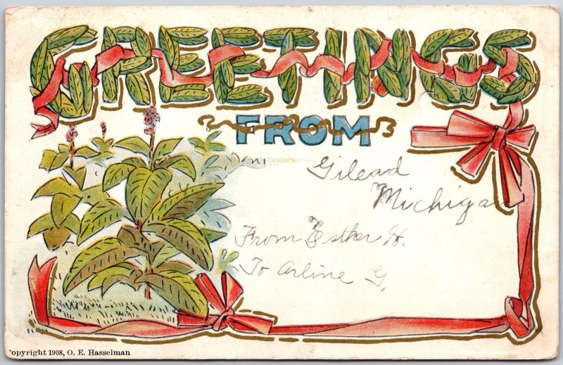 Greetings from Gilead Michigan Red Ribbon Leaves Postcard