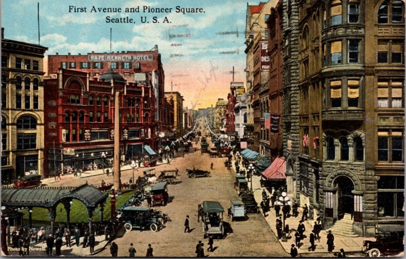 Postcard First Avenue and Pioneer Square in Seattle, Washington