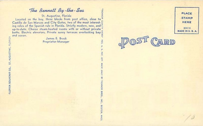 St Augustine Florida Hotel Bennett  Linen Postcard Unused
