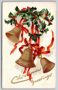 Clapsaddle~Bells Holly Ribbon & Christmas Greeting~Vintage Postcard