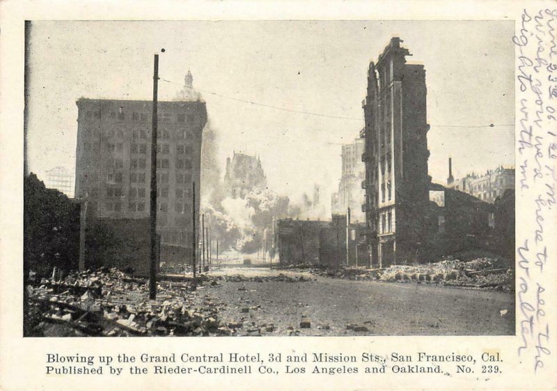 Blowing Up Grand Central Hotel San Francisco 1906 Earthquake Vintage Postcard