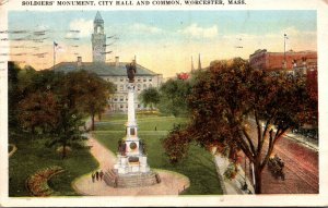 Massachusetts Worcester Soldiers' Monument City Hall and The Common 1921