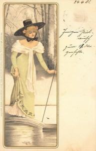 1901 Woman in Green Dress Walking Stick Meissner Buch, Leipzig Postcard