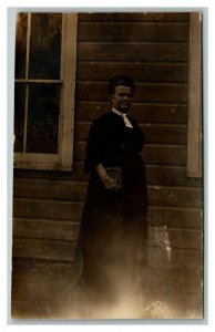 Vintage 1910's RPPC Postcard Photo of Woman in Front of House