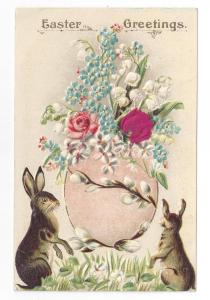Vintage Easter Postcard Rabbit Flowers Silk Rose Embossed