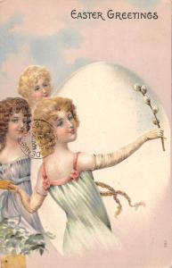 Easter Greetings Ladies with Giant Egg Antique Postcard (J22589) 