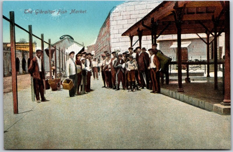The Gibraltar Fish Market Group of People at the Street Postcard