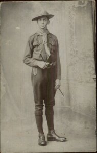 Boy Scout in Uniform Nice Studio Pose c1915 Real Photo Postcard #1