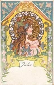 BEAUTIFUL WOMAN MUCHA ESQUE ART NOUVEAU POSTCARD (c. 1900)