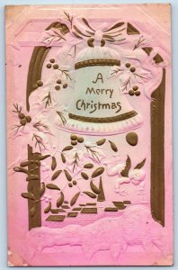 Christmas Postcard Ringing Bell And Holly Berries Airbrushed Embossed Blair NE
