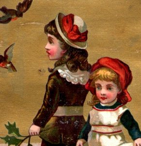 1880s Victorian Happy New Year's Card Adorable Girls & Birds Snow F116