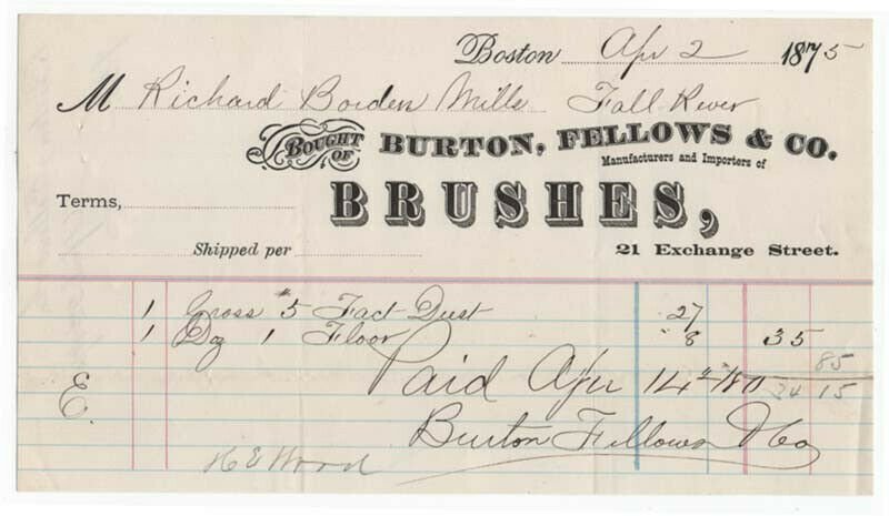 1875 Billhead, BURTON, FELLOWS & CO., Manufacturers of Brushes, Boston, MA