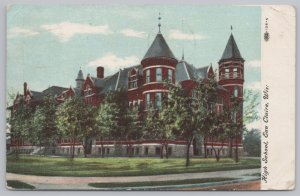 Tree Blocked Red Castle Styled High School Bldg~Eau Claire Wisc~PM 1910 Postcard