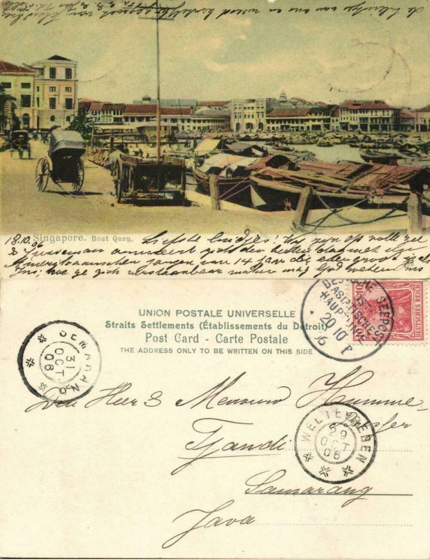 straits settlements, SINGAPORE, Boat Quay (1906) German Sea Mail, Postcard