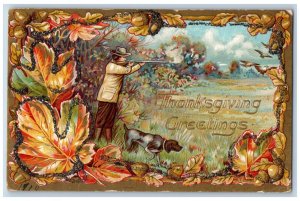 Thanksgiving Postcard Greetings Hunting Birds Dog Nuts Embossed c1910's Antique