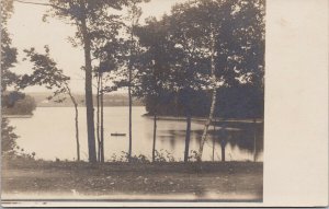 Water Scene Boat Trees Tranquil c1908 Livermore Maine Cancel RPPC Postcard G97