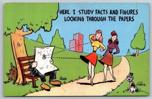 Vintage Saucy Cartoon Humor Postcard - Man Checking Out Pretty Girls