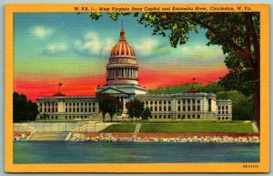 West Virginia State Capitol Kanawha River Charleston WV UNP Linen Postcard G1