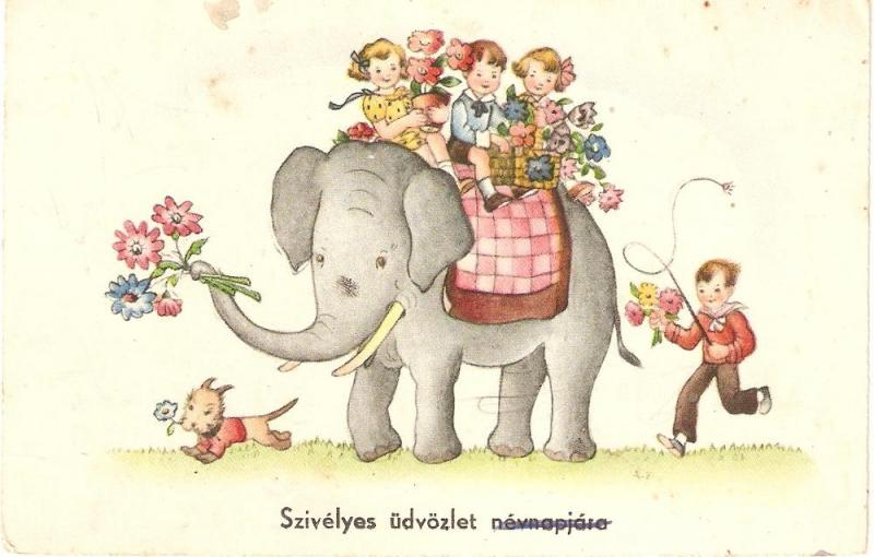 \Happy children riding an elephant\ Antique postcard