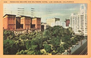 Postcard Pershing Square and Biltmore Hotel Los Angeles California