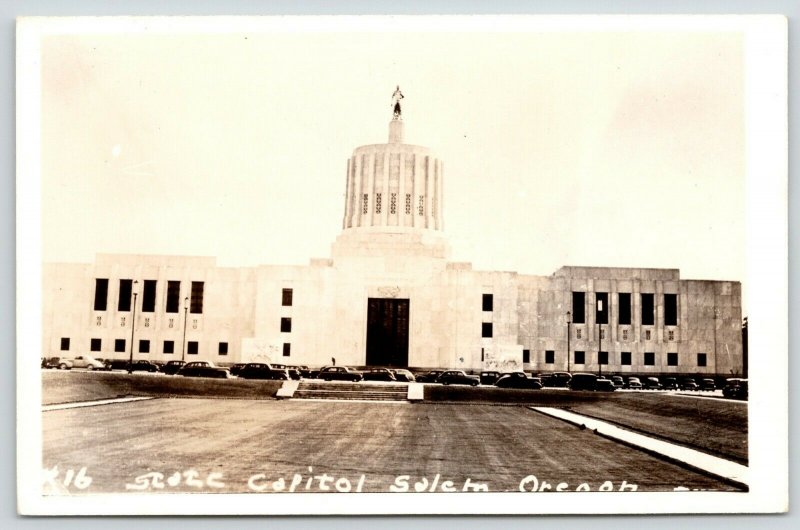 Salem Oregon~State Capitol~Art Deco Architecture~1930s Cars~1940s RPPC 