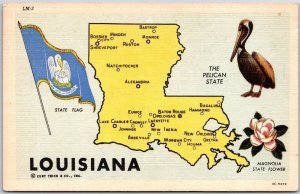 Louisiana LA, The Pelican Bird, State Flag, Magnolia Flower, Map, Postcard