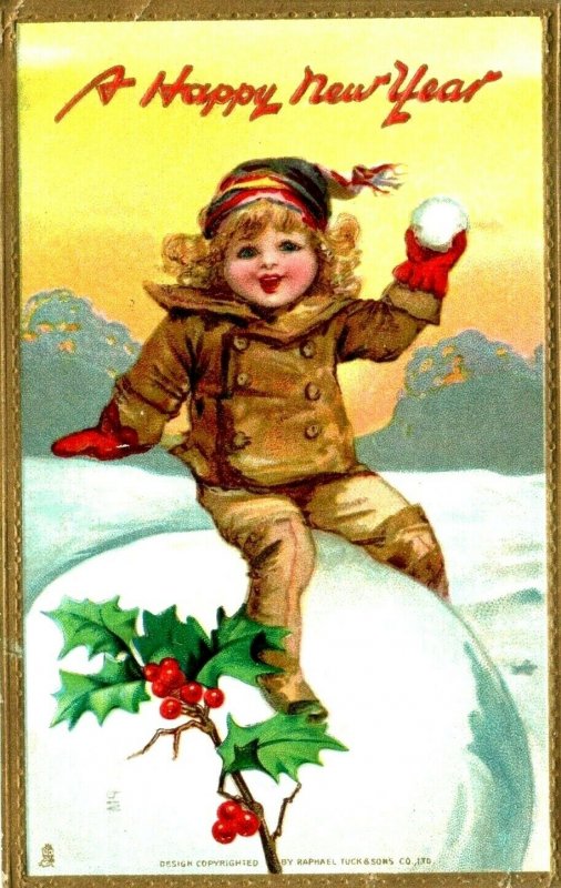 1911 Raphael Tuck The New Year Series Postcard Girl Child Snowball Holly A196