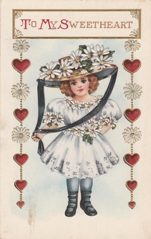 Valentine Wishes to My Sweetheart - Pretty Girl with Flowers - pm 1916 - DB