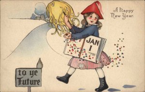 NEW YEAR Little Girl w Paper Hat To Ye Future Sign c1910 Postcard