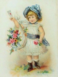 1880's Maple City Soap Works Adorable Girl Letter Sack Of Flowers P70