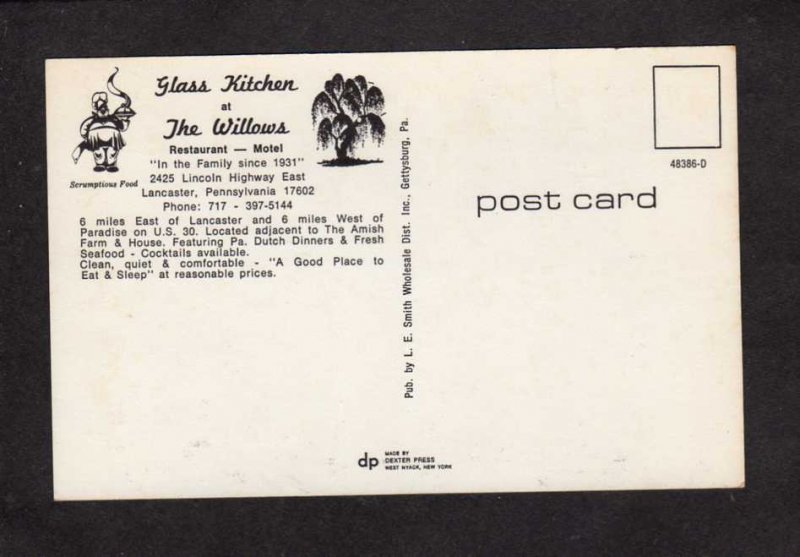 PA Glass Kitchen The Willows Restaurant Motel Lancaster Pennsylvania Postcard