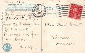 Vintage Postcard 1925 Temple Block Solid Stone Adobe Wall Salt Lake City Utah UT