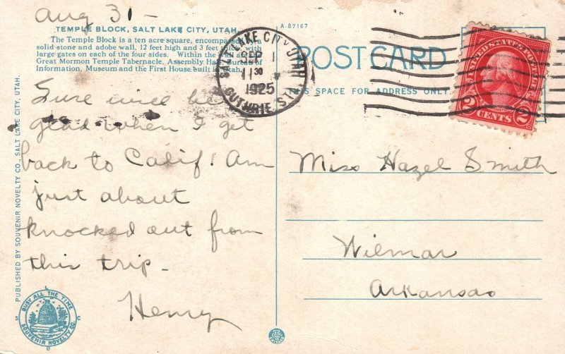 Vintage Postcard 1925 Temple Block Solid Stone Adobe Wall Salt Lake City Utah UT