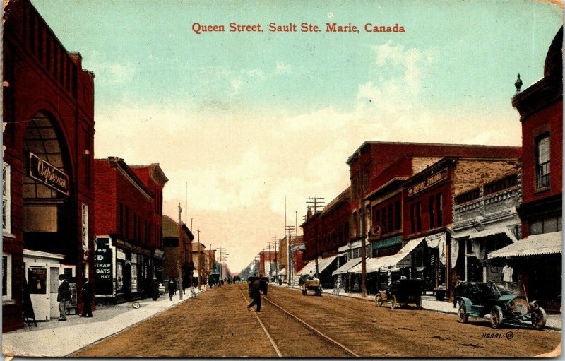 Postcard Ontario Sault Ste. Marie Queen Street Shops Old Cars Streetcar 1924 M63