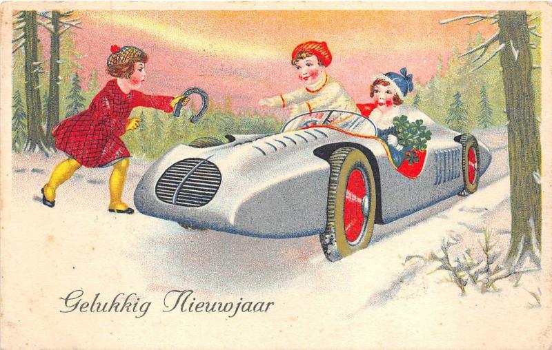 BG14682 children driving car horseshoe   new year gelukkig nieuwjaar netherlands