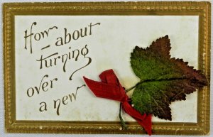 How About Turning Over a New Leaf Bowtied Gold Dotted Border - Vintage Postcard