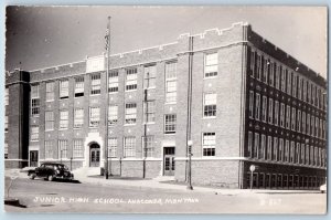 Anaconda Montana MT Postcard RPPC Photo Junior High School Building Car Scene