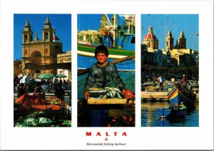 VINTAGE CONTINENTAL SIZE POSTCARD MARSAXLOKK FISHING HARBOR MALTA