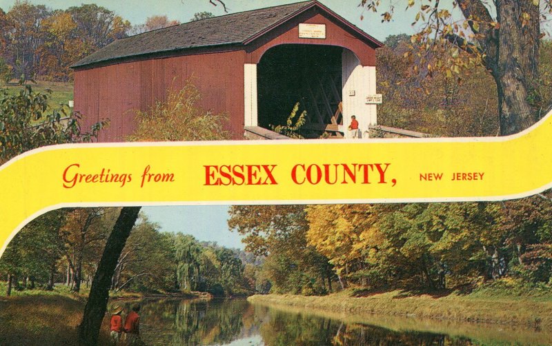 ESSEX COUNTY NJ GREETINGS FROM COVERED BRIDGE AND RIVER UNUSED CHROME POSTCARD