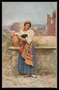 Italy Vintage Unused  Color Postcard Lady At Fountain Water Carrier Costumes