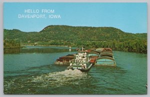 Transportation~Greetings From Davenport IA~Mississippi Tow Boat~Vintage Postcard 