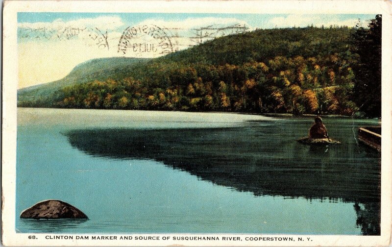 Clinton Dam Marker Susquehanna River Cooperstown N.Y. Linen 2 Cent Postcard Vtg 