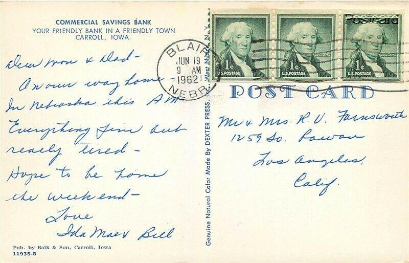 IA, Carroll, Iowa, Commercial Savings Bank, Postmark 1962, Dexter Press  11935B