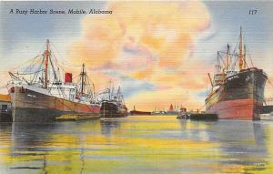 Ships in Harbor Mobile Alabama linen postcard