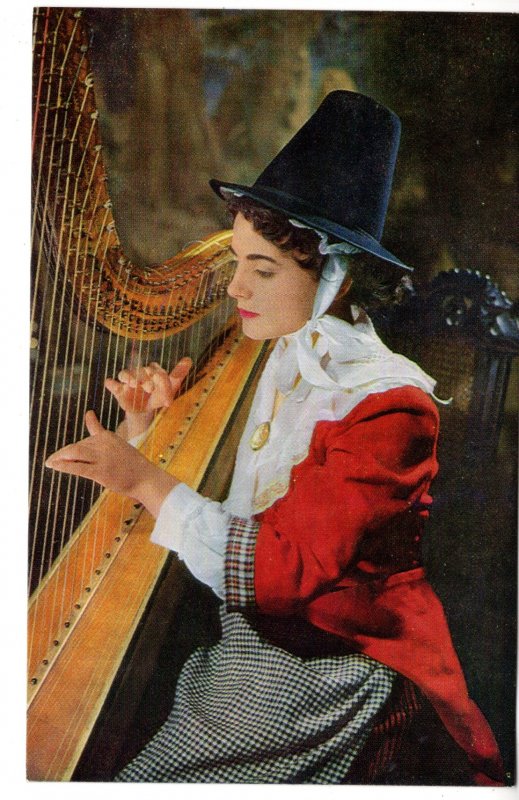 Welsh Girl in National Costume Playing Harp