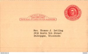 US Postal stationery 2c to Thomas Detling Sheboygan wisconsin
