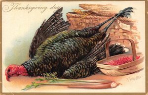 Thanksgiving Greetings Food Turkey Basket RJ Wealthy Art embossed postcard B990
