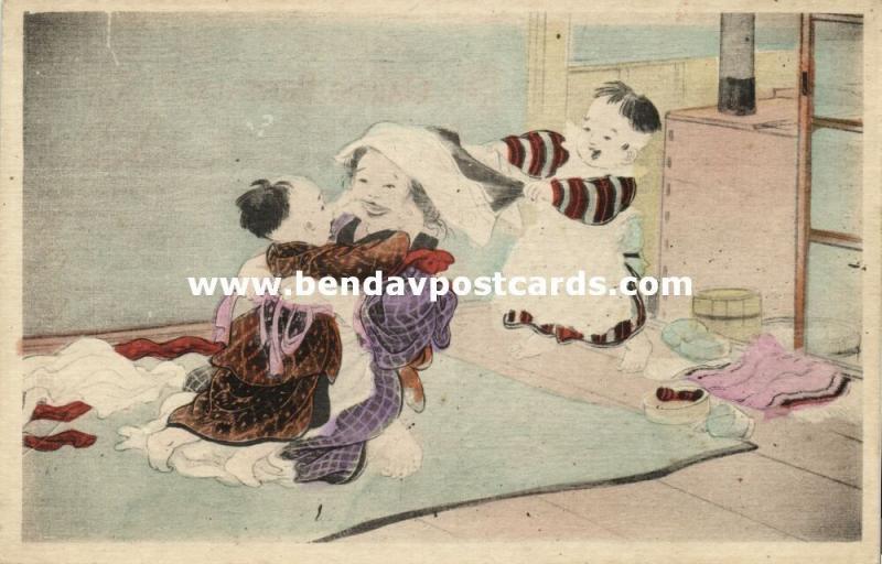 japan, Young Naughty Boys playing with Mother's Clothes (1910s) Y. Torii