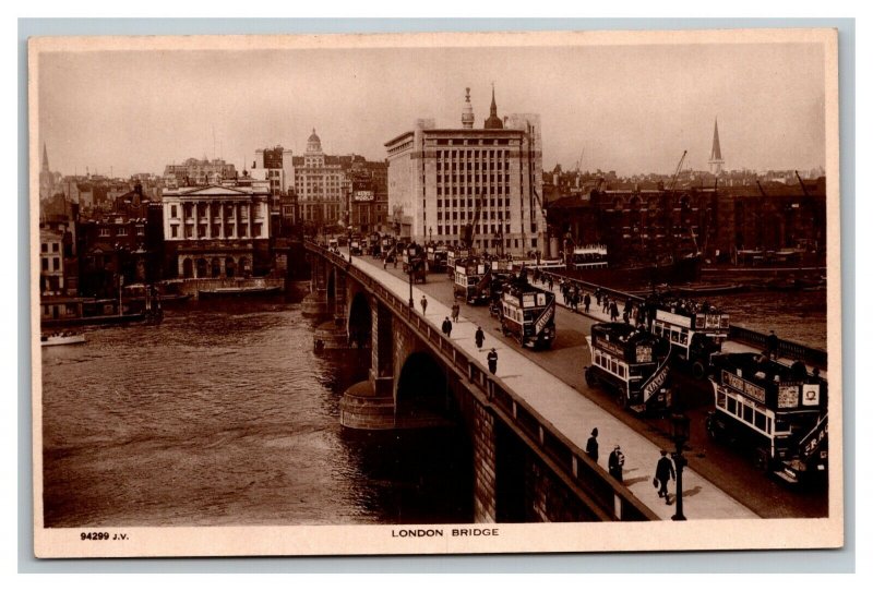 Vintage 1930's  RPPC Postcard London Bridge Antique Busses City Skyline