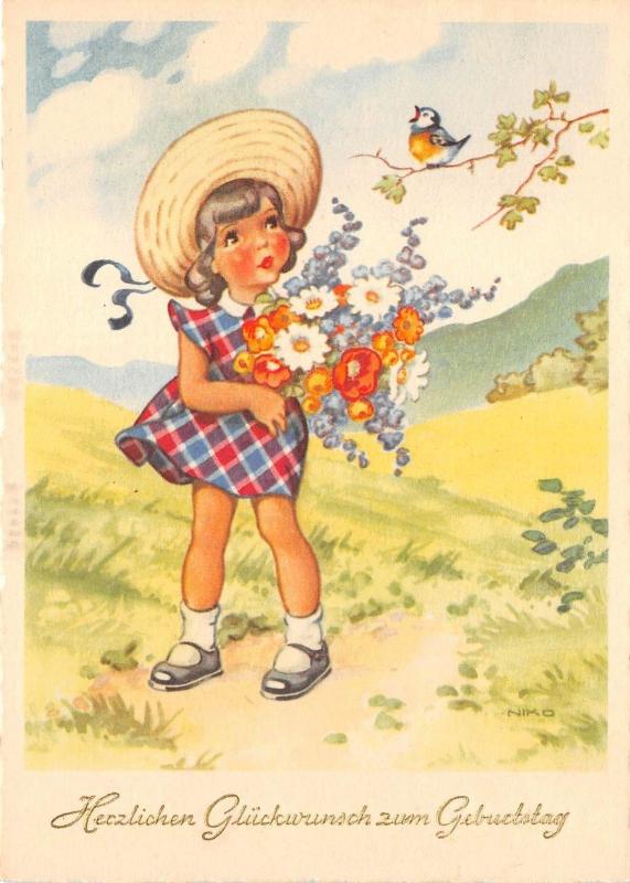 BG20725 girl with flower bird  geburtstag birthday  germany